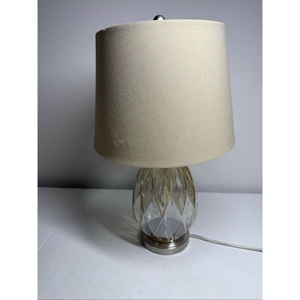 Vintage Glass Table Lamp Geometric Base Beige Fabric Shade 23” See Description